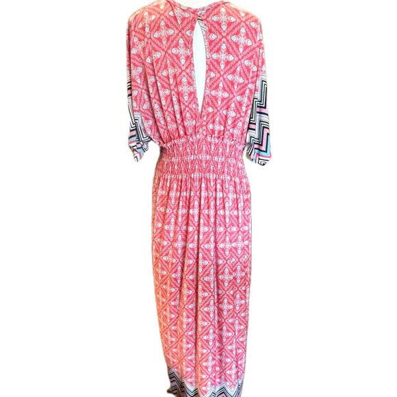 Relaxx Boho Geometric Pink Blue Maxi Dress Chevron Hem  Kimono Sleeves 2XL - Picture 2 of 9